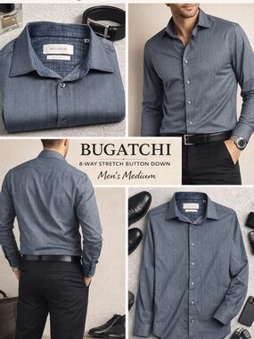 Bugatchi 8-Way Stretch Button Down Shirt Men’s Medium Blue Gray Herringbone